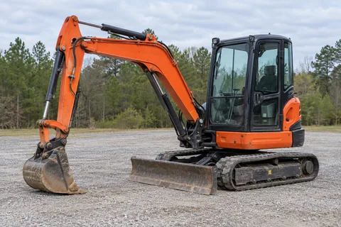 Orange compact mini excavator with grading blade and digging bucket