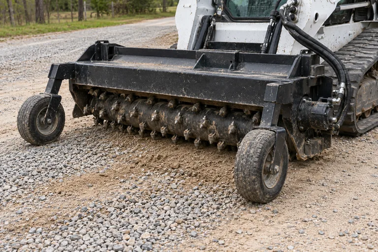 Power box rake reclaiming and reshaping gravel