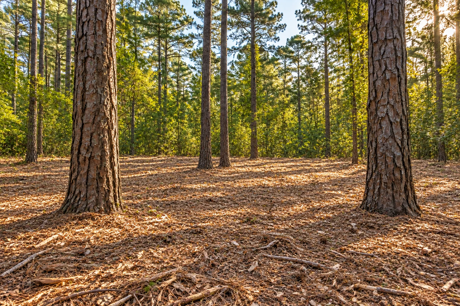 Open mulched land with mature pine trees retained after clearing