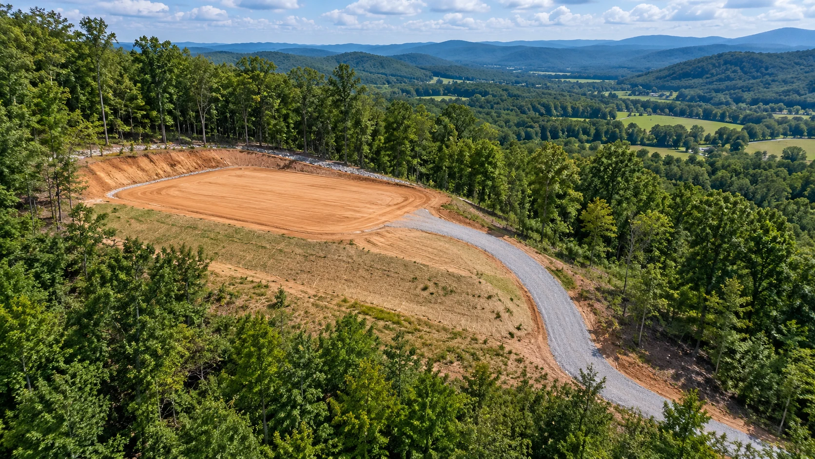 Aerial view of a prepared hillside building pad and gravel access road