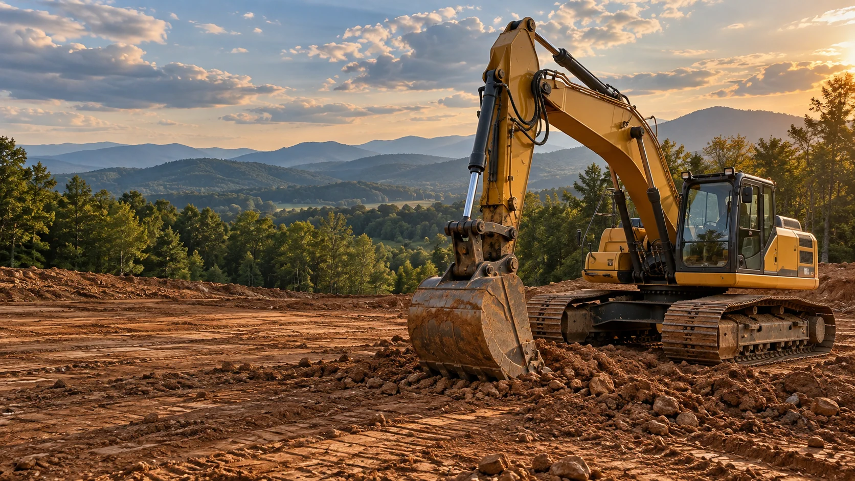 Excavator preparing a mountain construction site at sunset