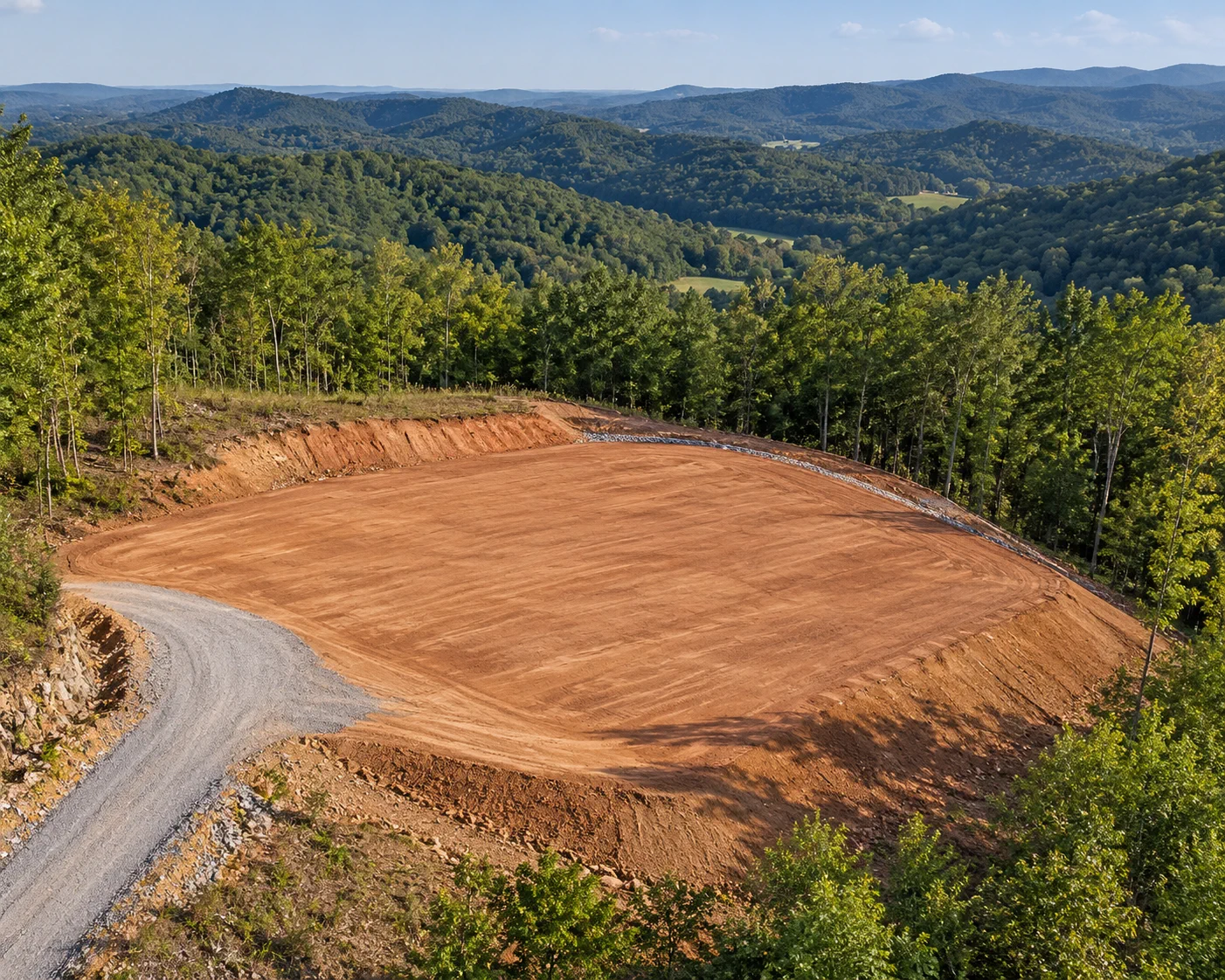 Aerial view of a hillside building pad with gravel access
