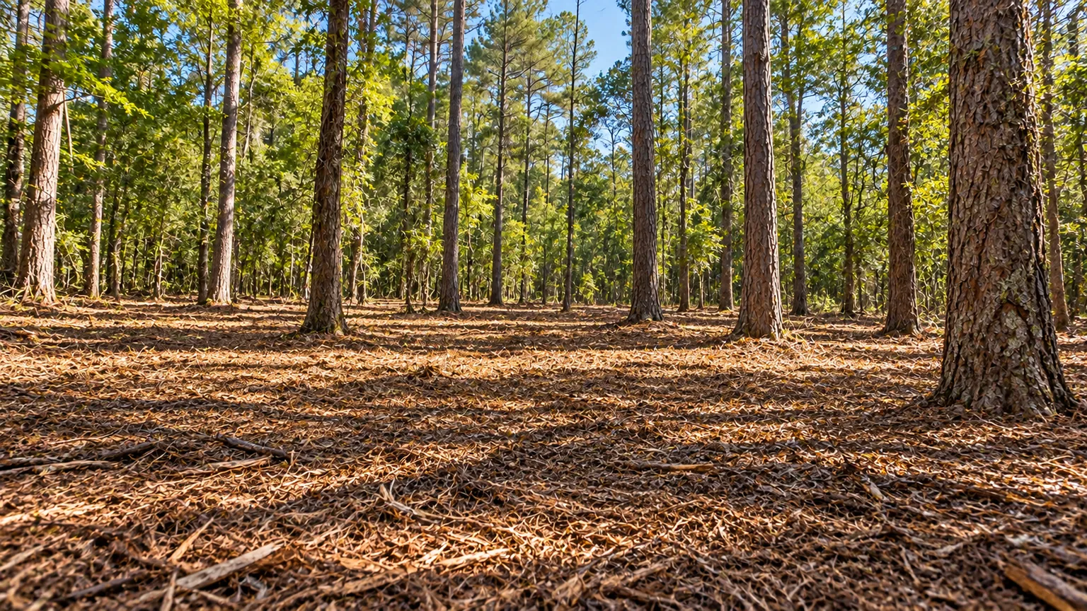 Open woodland floor beneath preserved mature pine trees