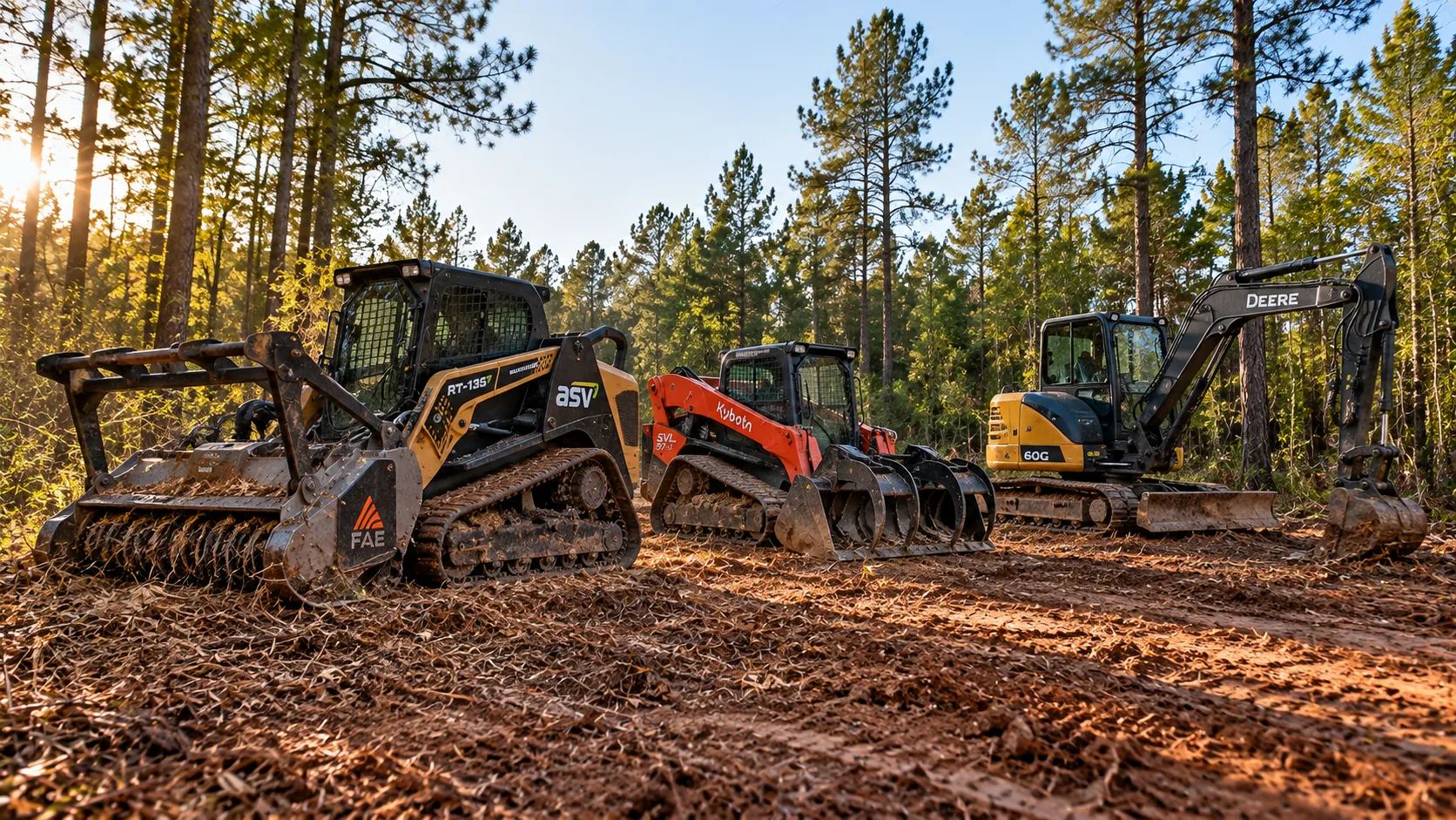 ASV forestry loader, Kubota track loader, and John Deere compact excavator lined up on a woodland jobsite