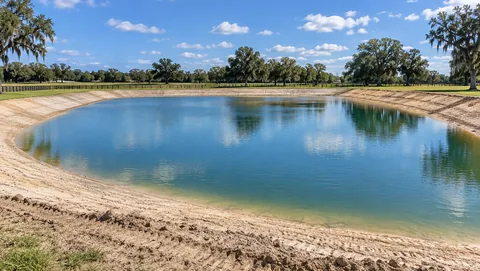 New pond with sculpted earth banks on Florida acreage